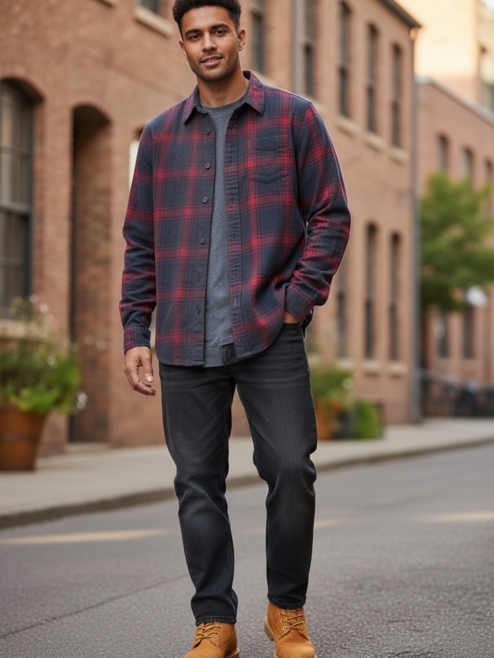 Weatherproof Red & Navy Plaid Flannel Shirt - cotton blend
